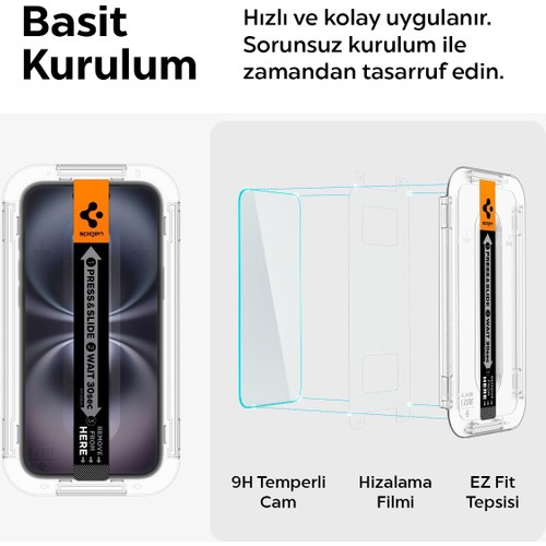 Spigen Apple iPhone 16 / 15 ile Uyumlu Cam Ekran Koruyucu Kolay Kurulum GLAS.tR EZ Fit Slim HD (2 Adet) - AGL06903