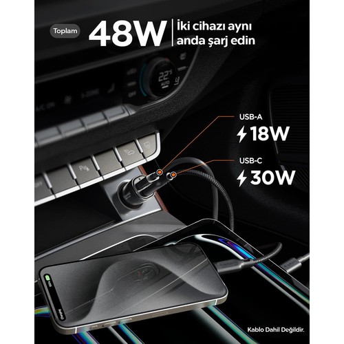 Spigen 48W USB-C 2 Port Araç içi Hızlı Şarj Aleti PPS Desteği Akım Korumalı Güç Adaptörü Çakmaklık iPhone & Android & iPad Type-C PD 3.0 30W + QC 3.0 18W - ACP08447