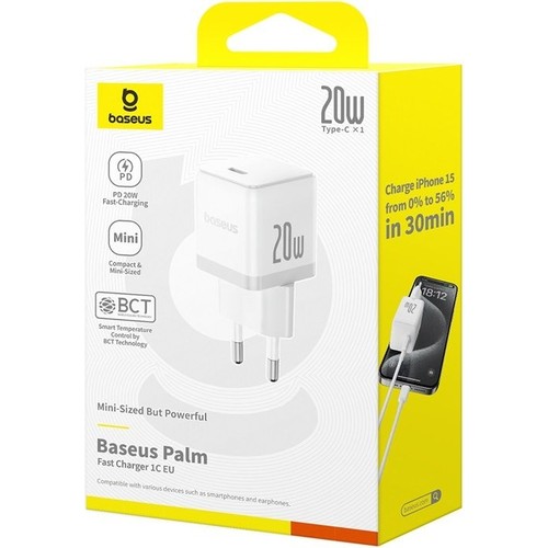 Baseus Palm 20W Hızlı Şarj Cihazı Beyaz Ev Şarj Adaptörü Type-C Uyumlu Modellerle