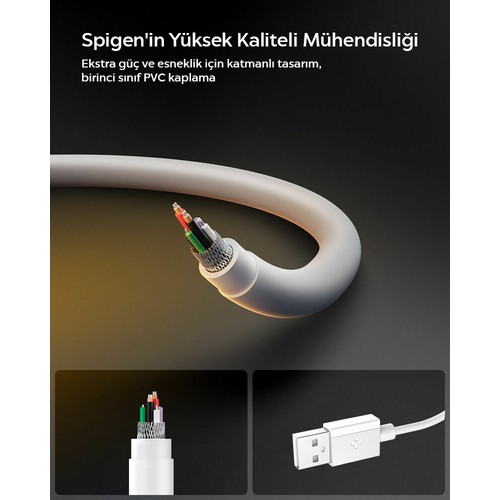 Spigen USB-A to USB-C 2 Metre Kablo 60W Güç / Hızlı Şarj / 480 Mbps Data Aktarım Hızı Type-C Ekstra Dayanıklı White - ACA08716