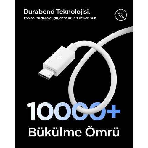 Spigen USB-A to USB-C 2 Metre Kablo 60W Güç / Hızlı Şarj / 480 Mbps Data Aktarım Hızı Type-C Ekstra Dayanıklı White - ACA08716