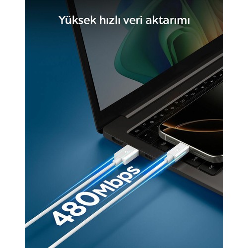 Spigen USB-A to USB-C 2 Metre Kablo 60W Güç / Hızlı Şarj / 480 Mbps Data Aktarım Hızı Type-C Ekstra Dayanıklı White - ACA08716