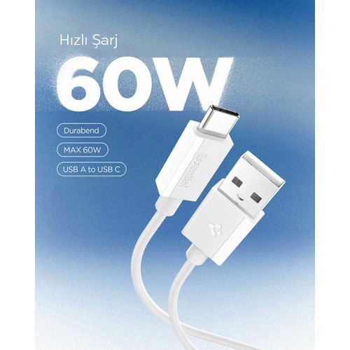 Spigen USB-A to USB-C 2 Metre Kablo 60W Güç / Hızlı Şarj / 480 Mbps Data Aktarım Hızı Type-C Ekstra Dayanıklı White - ACA08716
