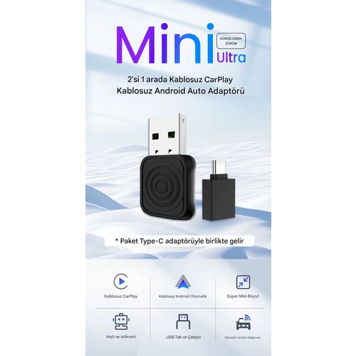 2025 Mini Ultra 5.0 Kablosuz Carplay & Android Auto Adaptör Tak Çalıştır Dual Wifi Hızlı Bağlantı