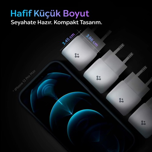 Spigen 20W USB-C Mini Hızlı Şarj Aleti/Şarj Isısını Düşürür GaN Destekli Akım Korumalı Güç Adaptörü iPhone & Android & iPad Type-C White - ACH02071