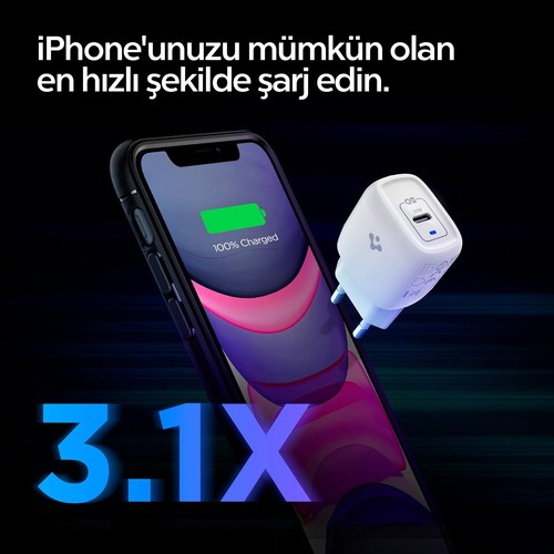 Spigen 20W USB-C Mini Hızlı Şarj Aleti/Şarj Isısını Düşürür GaN Destekli Akım Korumalı Güç Adaptörü iPhone & Android & iPad Type-C White - ACH02071