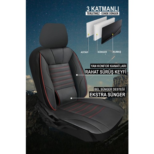 Mini Clubman 2007–2023 Sarp Serisi Oto Koltuk Kılıfı 5’li Set – Airbag & Kolçak Uyumlu, 3 Katman, Deri+Lakost Siyah Kırmızı — alternatif görsel