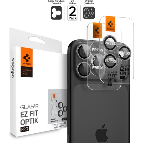 Spigen Apple iPhone 17 Pro Max / 17 Pro / 16 Pro Max / 16 Pro / 15 Pro Max / 15 Pro / 14 Pro Max ile Uyumlu Kamera Lens Camı Koruyucu Kolay Kurulum GLAS.tR EZ Fit Optik Pro (2 Adet) Gray - AGL10125