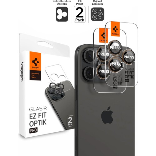 Spigen iPhone 17 Pro Max / 17 Pro / 16 Pro Max / 16 Pro / 15 Pro Max / 15 Pro / 14 Pro Max / 14 Pro ile Uyumlu Kamera Lens Camı Koruyucu Kolay Kurulum GLAS.tR EZ Fit Optik Pro 2 Adet Desert AGL08862