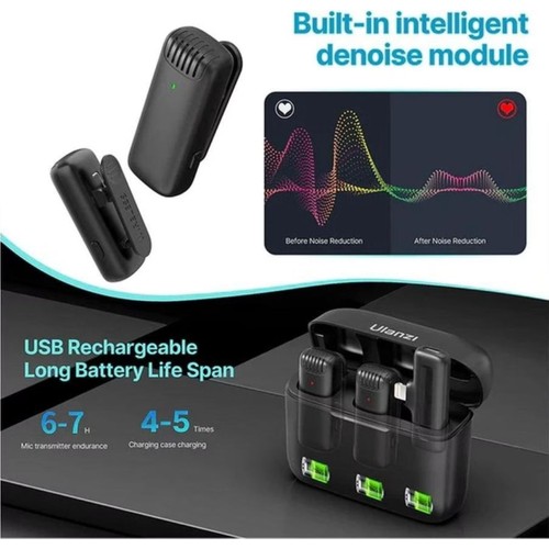 Ulanzi J12 ikili Yaka Mikrofonu  iPhone, Type-C Uyumlu, Şarj Kutulu, Gürültü Engelleme