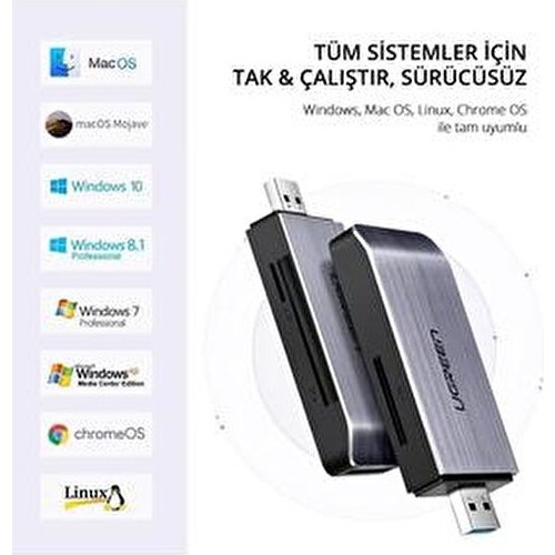 Ugreen USB 3.0 Kart Okuyucu 5 Gbps Hızında SD Micro SD Memory Stick CF Kart Desteği Gümüş
