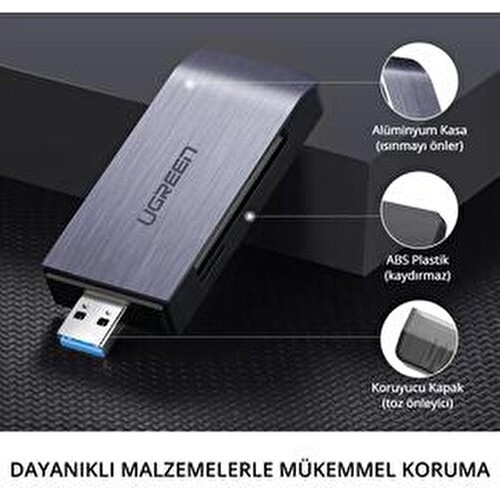 Ugreen USB 3.0 Kart Okuyucu 5 Gbps Hızında SD Micro SD Memory Stick CF Kart Desteği Gümüş