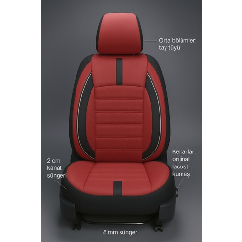 Fiat 500 C (Topolino) 1936–1955 Uyumlu - Tay Tüyü Orta + Lacost Kenar, 8 mm Süngerli Oto Koltuk Kılıfı Kırmızı Siyah (2 cm Yan Destek) — alternatif görsel