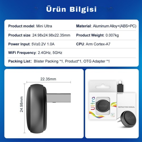 Carlinkit Mini Ultra 3 Kablosuz Carplay ve Android Auto Adaptörü –  iPhone ve Android 11+ Destekli, Usb-A / Type-C Tak Çalıştır, Hızlı ve Stabil Bağlantı