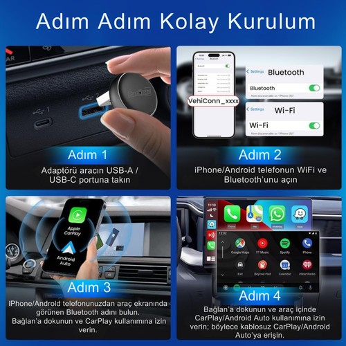 Carlinkit Mini Ultra 3 Kablosuz Carplay ve Android Auto Adaptörü –  iPhone ve Android 11+ Destekli, Usb-A / Type-C Tak Çalıştır, Hızlı ve Stabil Bağlantı