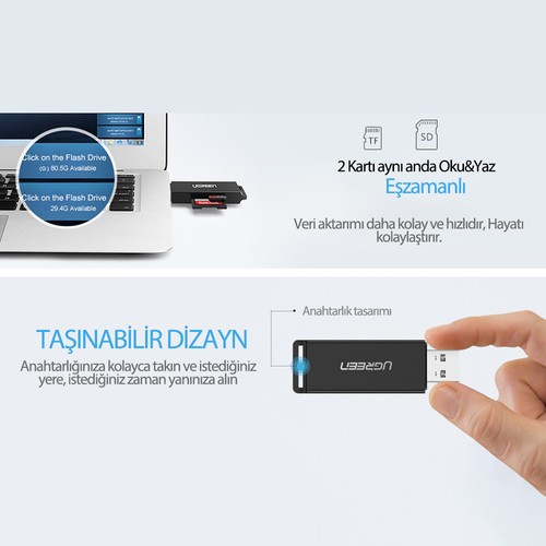 UGREEN USB 3.0 SD ve Micro SD Kart Okuyucu, Siyah, 40752