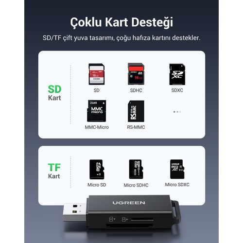 UGREEN USB 3.0 SD ve Micro SD Kart Okuyucu, Siyah, 40752