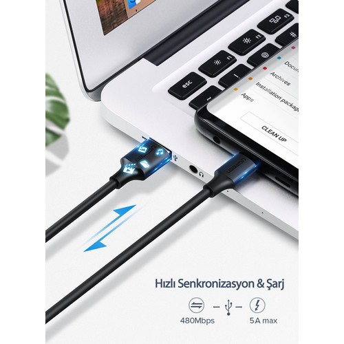 UGREEN USB-C - USB-A 3A QC Hızlı Şarj Kablosu, 2 m, Beyaz, 60123