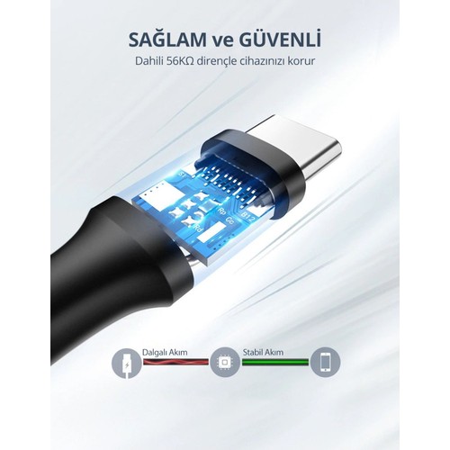 UGREEN USB-C - USB-A 3A QC Hızlı Şarj Kablosu, 2 m, Beyaz, 60123