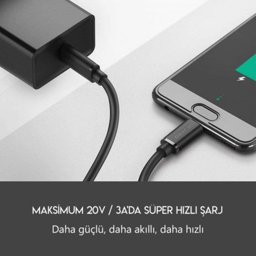 UGREEN USB-C 60W 3A QC PD Hızlı Şarj Kablosu, 1 m, Siyah, 50997