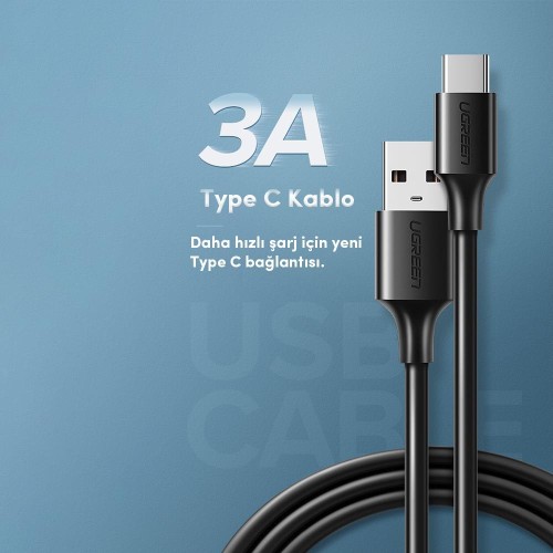 UGREEN USB-C - USB-A 3A QC Hızlı Şarj Kablosu, 2 m, Siyah, 60118