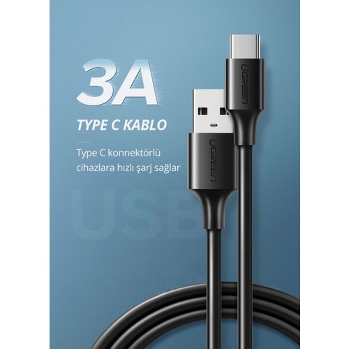 UGREEN USB-C - USB-A 3A QC Hızlı Şarj Kablosu, 2 m, Siyah, 60118