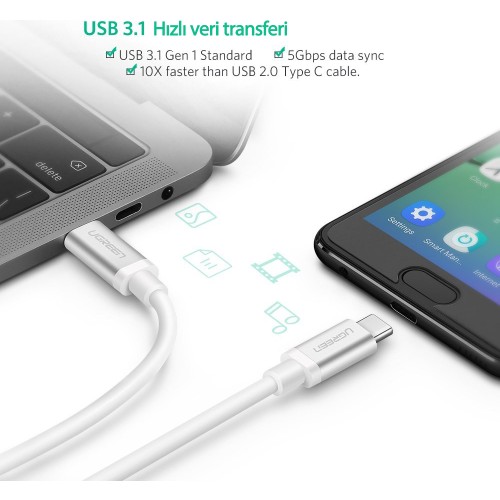 UGREEN USB-C 60W 3A QC PD Hızlı Şarj Kablosu, 1 m, Beyaz, 60518