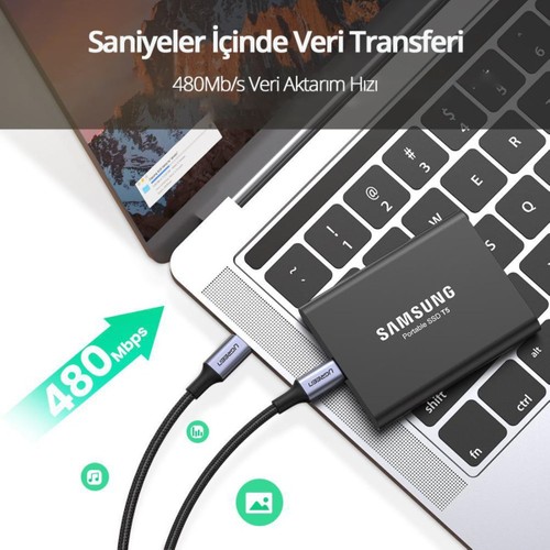 UGREEN USB-C 100W 5A QC PD Örgülü Hızlı Şarj Kablosu, 2 m, Siyah, 70429