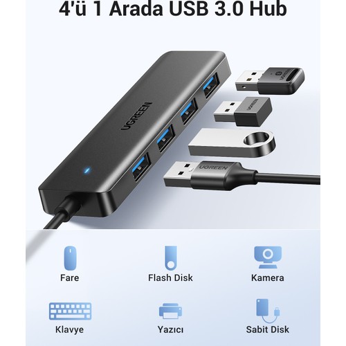 UGREEN USB-C USB 3.0 4 Port USB Hub Çoklayıcı, Gri, 70336