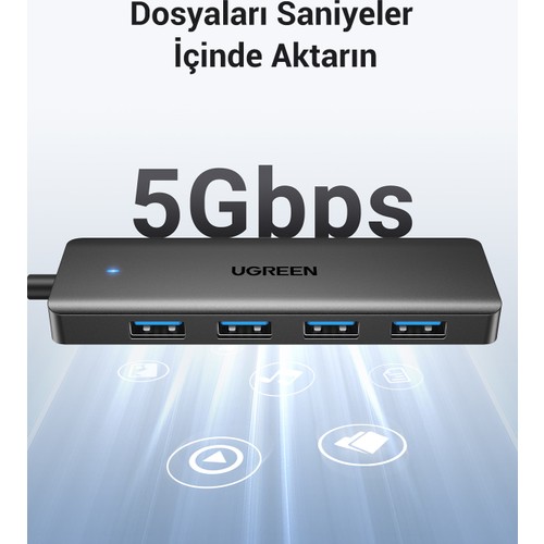 UGREEN USB-C USB 3.0 4 Port USB Hub Çoklayıcı, Gri, 70336