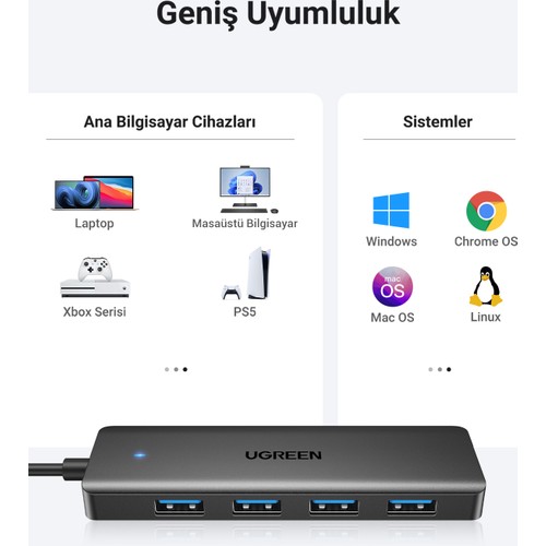 UGREEN USB-C USB 3.0 4 Port USB Hub Çoklayıcı, Gri, 70336