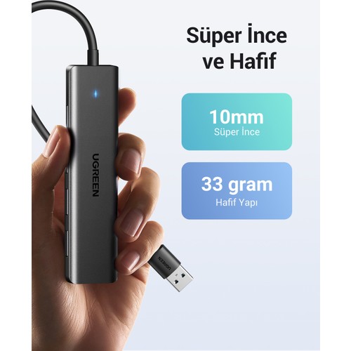 UGREEN USB-C USB 3.0 4 Port USB Hub Çoklayıcı, Gri, 70336