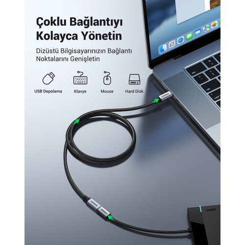 UGREEN USB-C Erkek - USB-C Dişi Gen-2 Örgülü Uzatma Kablosu 1 m, Uzay Grisi, 30205