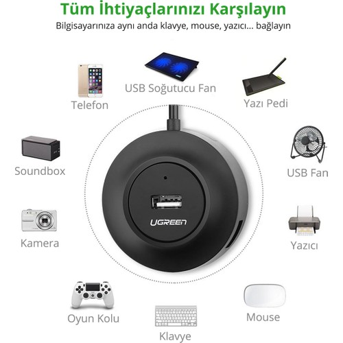 UGREEN 4 Portlu USB 2.0 Hub Çoklayıcı, Siyah, 20277