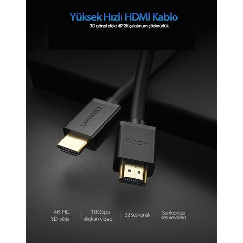 UGREEN UHD 4K Yüksek Hızlı Ethernet ve HDMI Kablosu, 1 Metre, 10106
