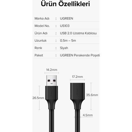 UGREEN USB Uzatma Kablosu, 2 Metre, 10316
