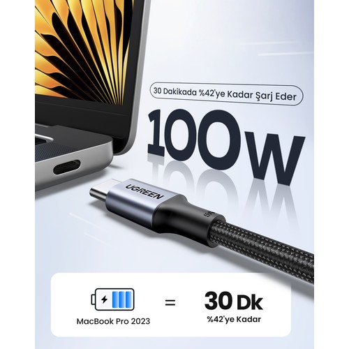 UGREEN USB-C 100W 5A QC PD Örgülü Hızlı Şarj Kablosu, 1,5 Metre, Siyah, 70428