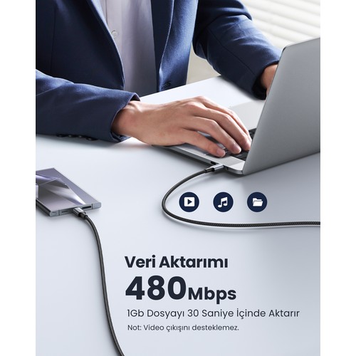 UGREEN USB-C 100W 5A QC PD Örgülü Hızlı Şarj Kablosu, 1,5 Metre, Siyah, 70428
