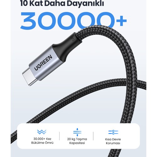 UGREEN USB-C 100W 5A QC PD Örgülü Hızlı Şarj Kablosu, 1,5 Metre, Siyah, 70428