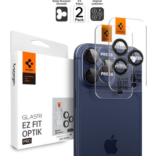 Spigen Apple iPhone 17 Pro Max / 17 Pro / 16 Pro Max / 16 Pro / 15 Pro Max / 15 Pro / 14 Pro Max ile Uyumlu Kamera Lens Camı Koruyucu Kolay Kurulum GLAS.tR EZ Fit Optik Pro 2 Adet Black - AGL05205