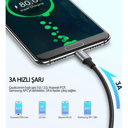 UGREEN USB-C - USB-A 3A QC Örgülü Hızlı Şarj Kablosu, 2 m, Siyah, 60128
