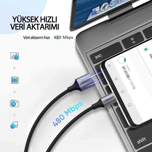 UGREEN USB-C - USB-A 3A QC Örgülü Hızlı Şarj Kablosu, 2 m, Siyah, 60128
