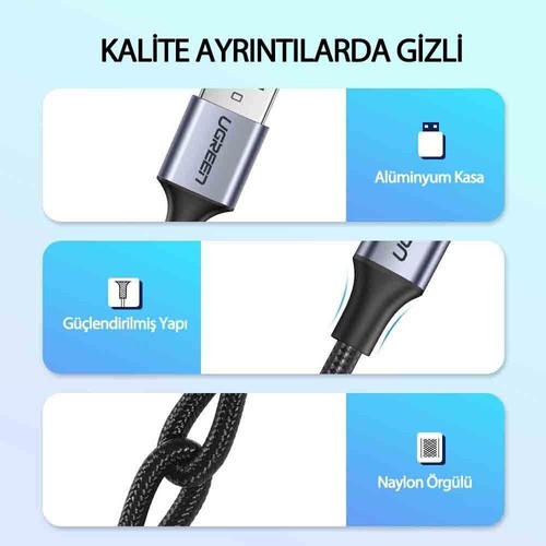 UGREEN USB-C - USB-A 3A QC Örgülü Hızlı Şarj Kablosu, 2 m, Siyah, 60128