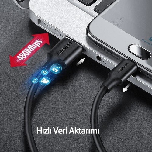 UGREEN USB-C - USB-A 3A QC Örgülü Hızlı Şarj Kablosu, 2 m, Siyah, 60128