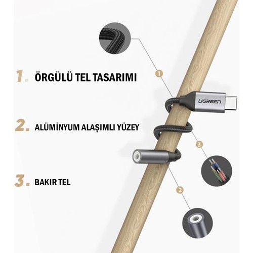 UGREEN Type-C to Aux Jak Kulaklık Adaptörü Kablo Dönüşütücü, Gümüş, 30632