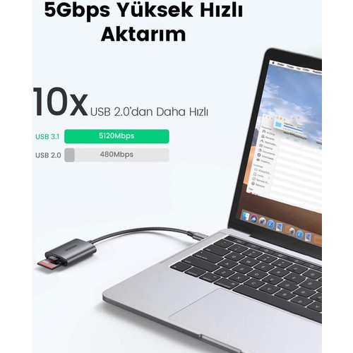 UGREEN Type-C Kart Okuyucu Adaptör 80888, SD ve Micro SD Kart Desteği ile Gri Renkli Yüksek Performans