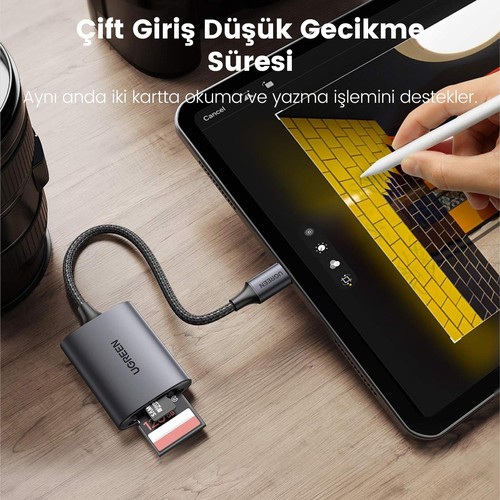 UGREEN Type-C Kart Okuyucu Adaptör 80888, SD ve Micro SD Kart Desteği ile Gri Renkli Yüksek Performans