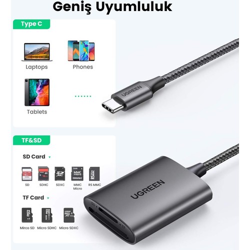 UGREEN Type-C Kart Okuyucu Adaptör 80888, SD ve Micro SD Kart Desteği ile Gri Renkli Yüksek Performans