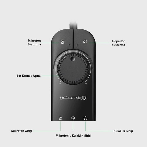 Ugreen USB Harici Stereo Ses Kartı 15cm Siyah Yüksek Ses Kalitesi ve Profesyonel Kullanım İçin