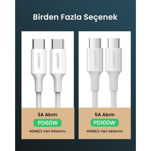 UGREEN USB-C 60W 3A QC PD Hızlı Şarj Kablosu, 1 m, Beyaz, 60518